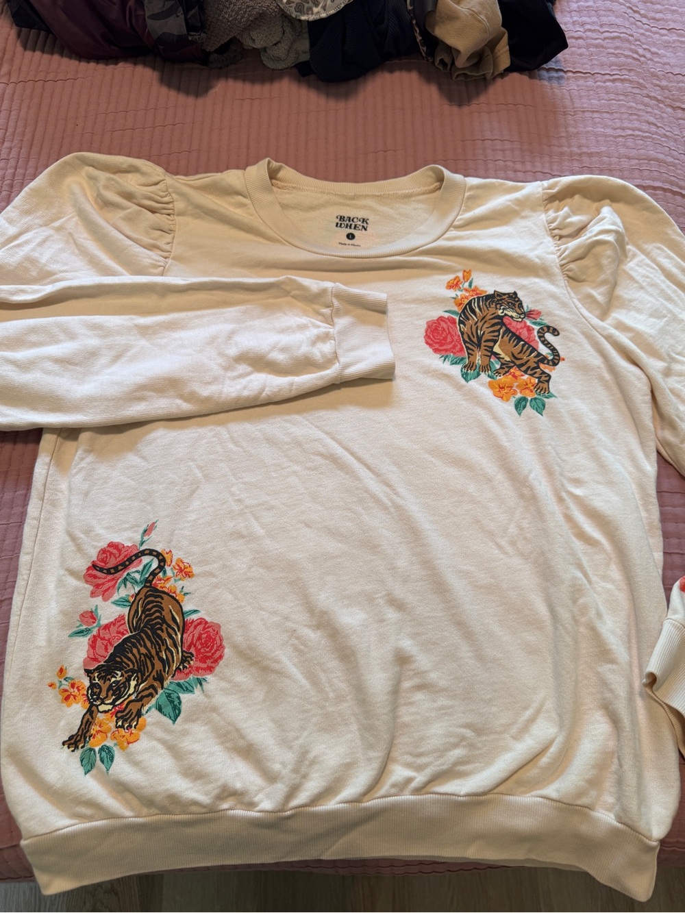 Anthropologie Cream Embroidered Tiger Sweatshirt with Puff Sleeves - Picture 3 of 9